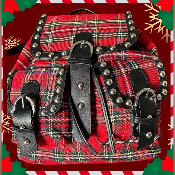 SHEIN NWOT Backpack vegan Leather Silver Studs & Red Plaid - Picture 2 of 10